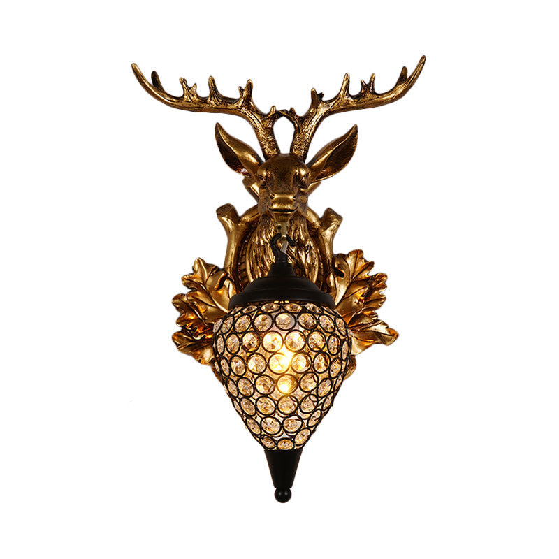 Farmhouse Teardrop Crystal Wall Mount Sconce with Elk Head Backplate - Brown/Gold, 12"/19.5
