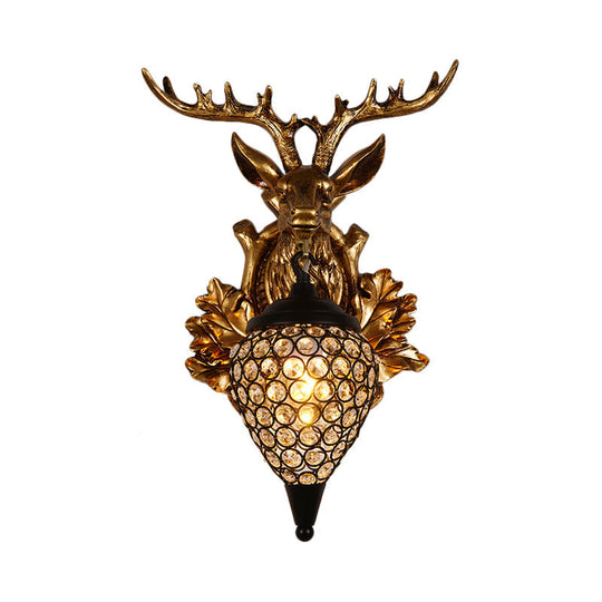 Farmhouse Teardrop Crystal Wall Mount Sconce with Elk Head Backplate - Brown/Gold, 12"/19.5