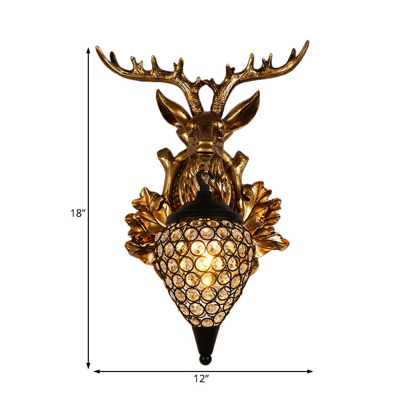 Farmhouse Teardrop Crystal Wall Mount Sconce with Elk Head Backplate - Brown/Gold, 12"/19.5