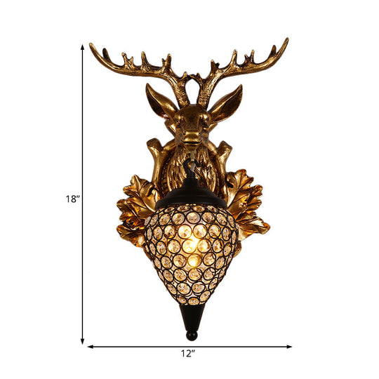 Farmhouse Teardrop Crystal Wall Mount Sconce with Elk Head Backplate - Brown/Gold, 12"/19.5