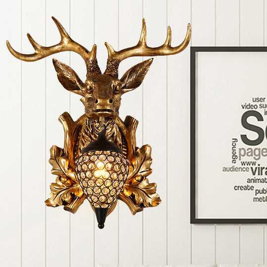 Farmhouse Teardrop Crystal Wall Mount Sconce with Elk Head Backplate - Brown/Gold, 12"/19.5