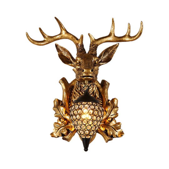 Farmhouse Teardrop Crystal Wall Mount Sconce with Elk Head Backplate - Brown/Gold, 12"/19.5