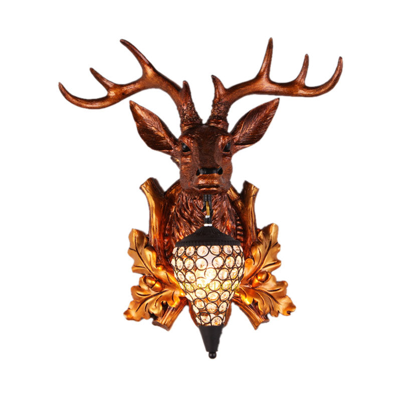 Farmhouse Teardrop Crystal Wall Mount Sconce with Elk Head Backplate - Brown/Gold, 12"/19.5