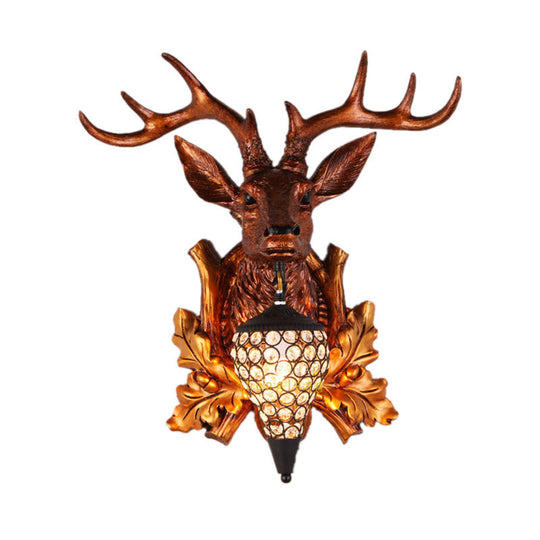 Farmhouse Teardrop Crystal Wall Mount Sconce with Elk Head Backplate - Brown/Gold, 12"/19.5