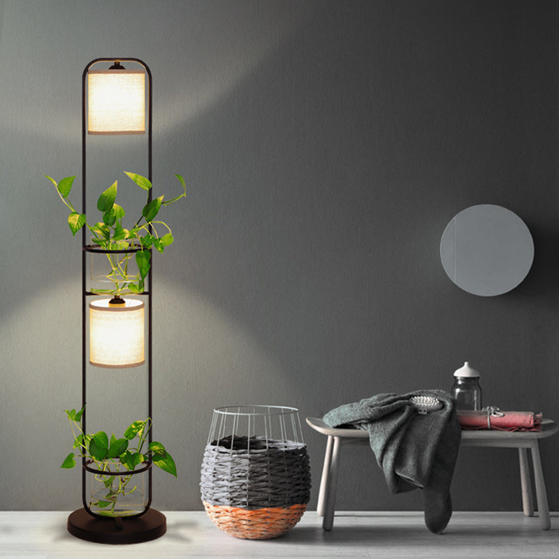 Modern Black Fabric Drum Floor Lamp with Clear Glass Pot Deco - 1/2-Light Floor Lighting for Warehouses