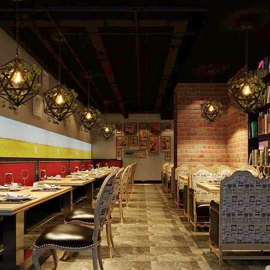 Modern Metal Geometric Pendant Light with Fake Vine, Ideal for Restaurants, Ceiling Mount, Black Finish