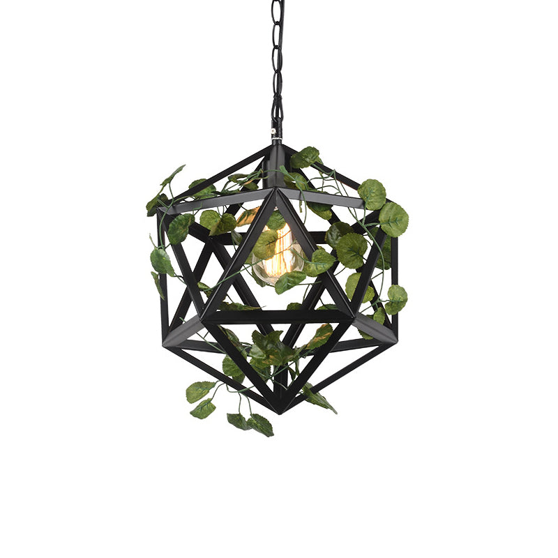 Modern Metal Geometric Pendant Light with Fake Vine, Ideal for Restaurants, Ceiling Mount, Black Finish