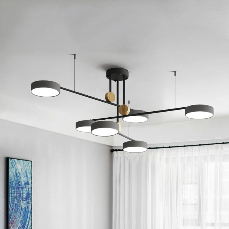 Nordic Metal Branch Chandelier Light Fixture - 6 Head Grey/Green Hanging Lamp with Wood Decor - Warm/White Light