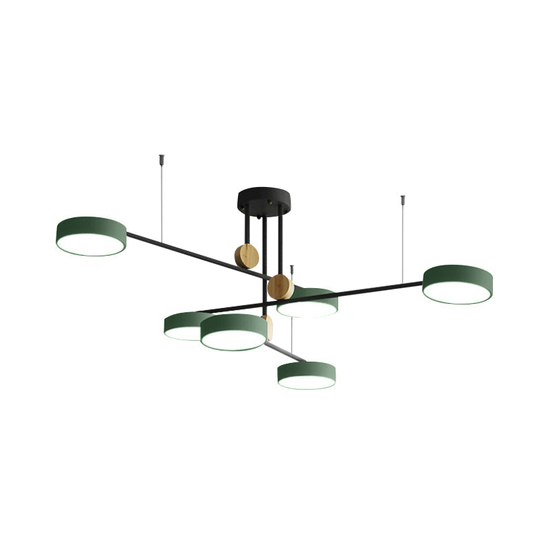 Nordic Metal Branch Chandelier Light Fixture - 6 Head Grey/Green Hanging Lamp with Wood Decor - Warm/White Light