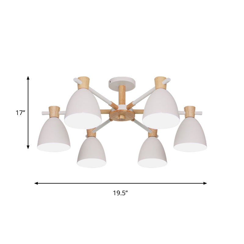 Nordic Bell Shaped Hanging Light Chandelier with Wood Accent - 6 Bulbs, White