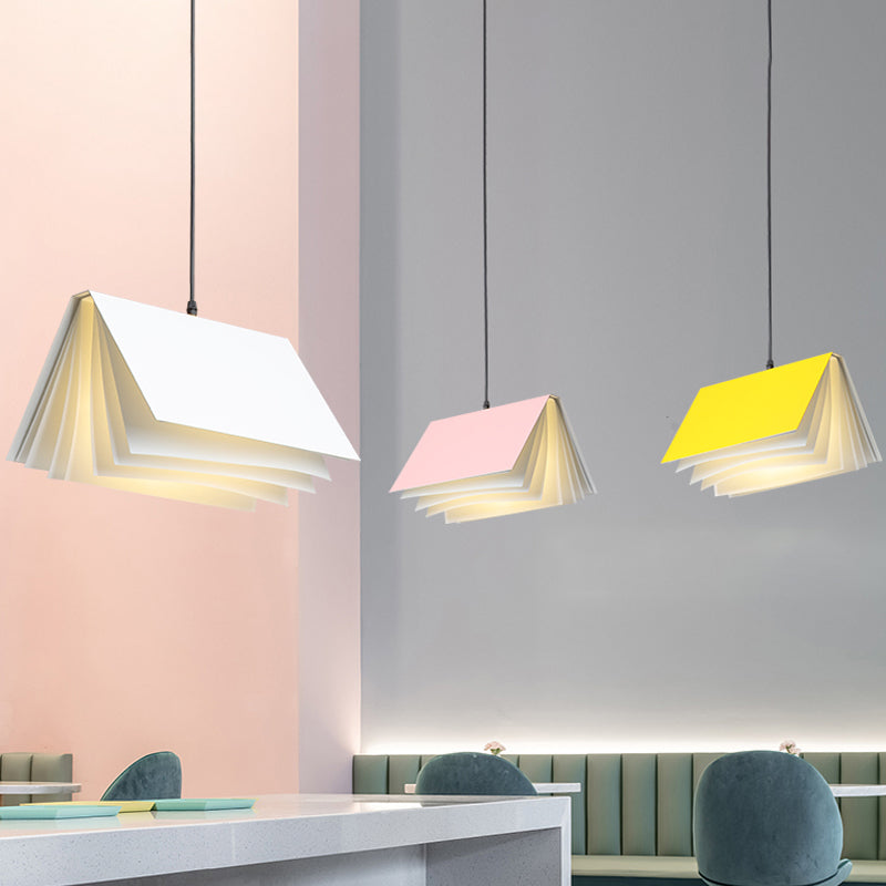 Cafe Pendant Lamp - Book Design, Metal Construction, Single-Bulb, Macaron Ceiling Hang Light in Blue/Pink/Black