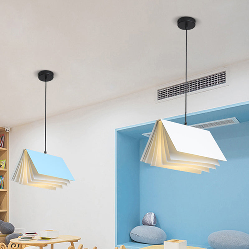 Cafe Pendant Lamp - Book Design, Metal Construction, Single-Bulb, Macaron Ceiling Hang Light in Blue/Pink/Black