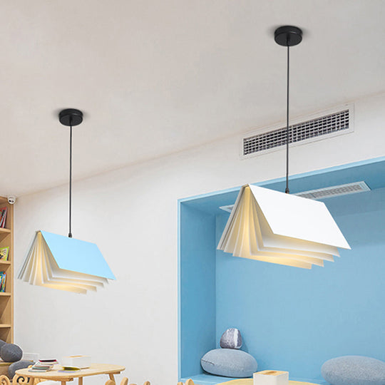 Cafe Pendant Lamp - Book Design, Metal Construction, Single-Bulb, Macaron Ceiling Hang Light in Blue/Pink/Black