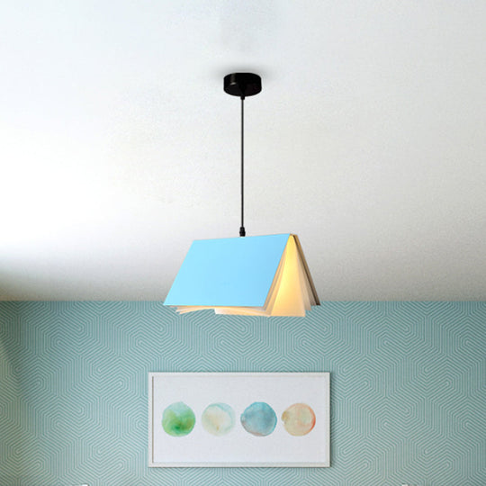 Cafe Pendant Lamp - Book Design, Metal Construction, Single-Bulb, Macaron Ceiling Hang Light in Blue/Pink/Black