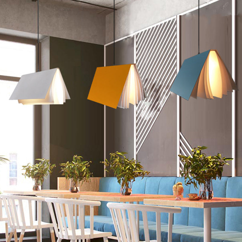Cafe Pendant Lamp - Book Design, Metal Construction, Single-Bulb, Macaron Ceiling Hang Light in Blue/Pink/Black