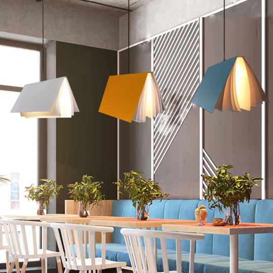 Cafe Pendant Lamp - Book Design, Metal Construction, Single-Bulb, Macaron Ceiling Hang Light in Blue/Pink/Black