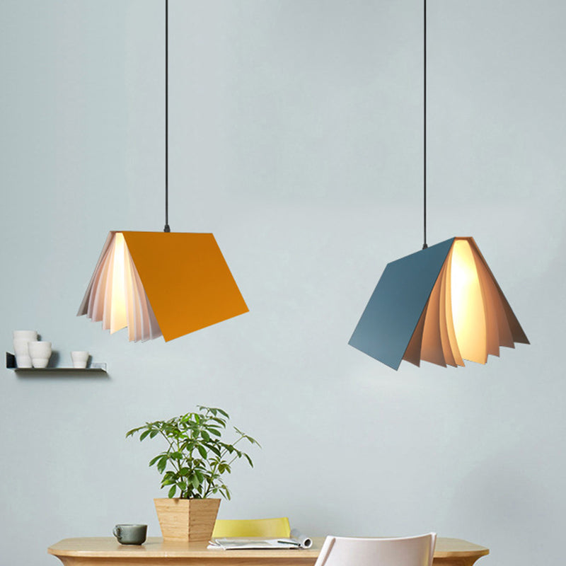 Cafe Pendant Lamp - Book Design, Metal Construction, Single-Bulb, Macaron Ceiling Hang Light in Blue/Pink/Black