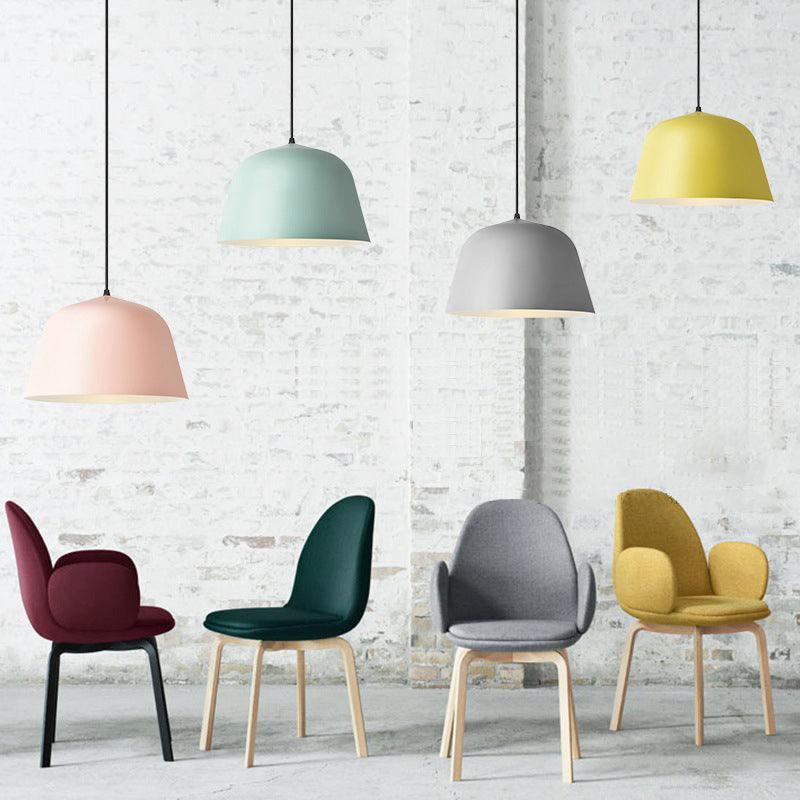 Macaron Single-Bulb Pendant Light with Pink/Grey/Green Bowl Shade, Iron Finish | 10"/12.5" Width