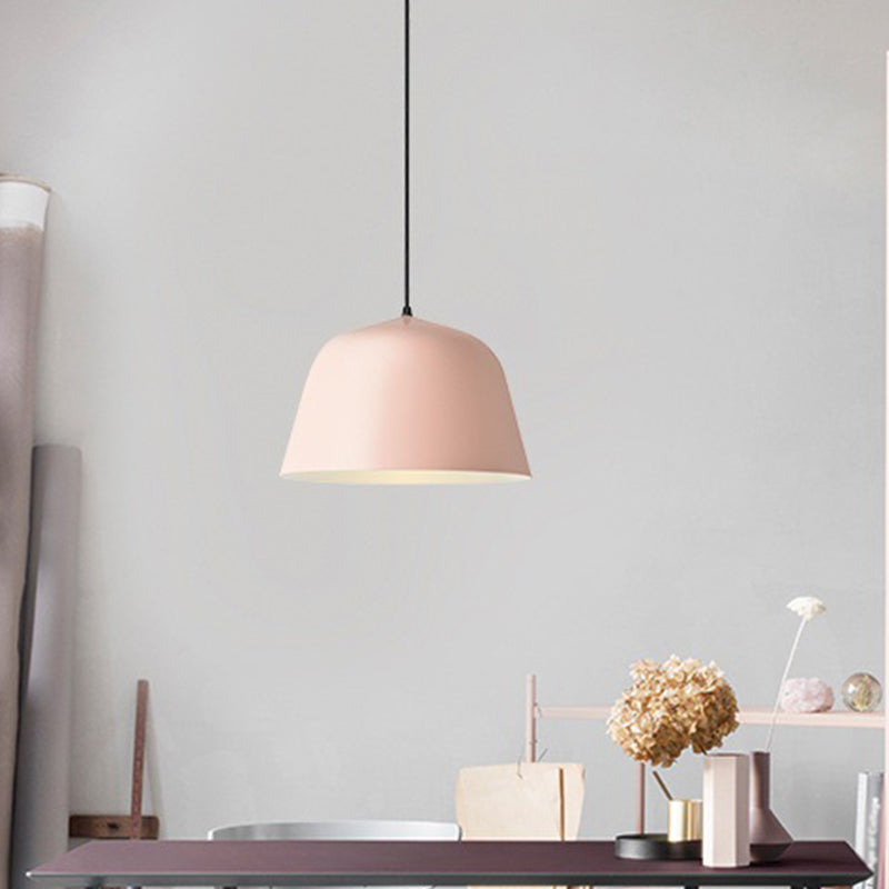 Macaron Single-Bulb Pendant Light with Pink/Grey/Green Bowl Shade, Iron Finish | 10"/12.5" Width