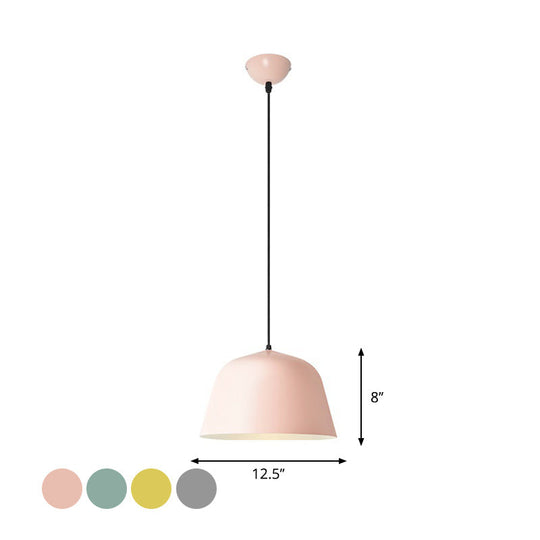 Macaron Single-Bulb Pendant Light with Pink/Grey/Green Bowl Shade, Iron Finish | 10"/12.5" Width