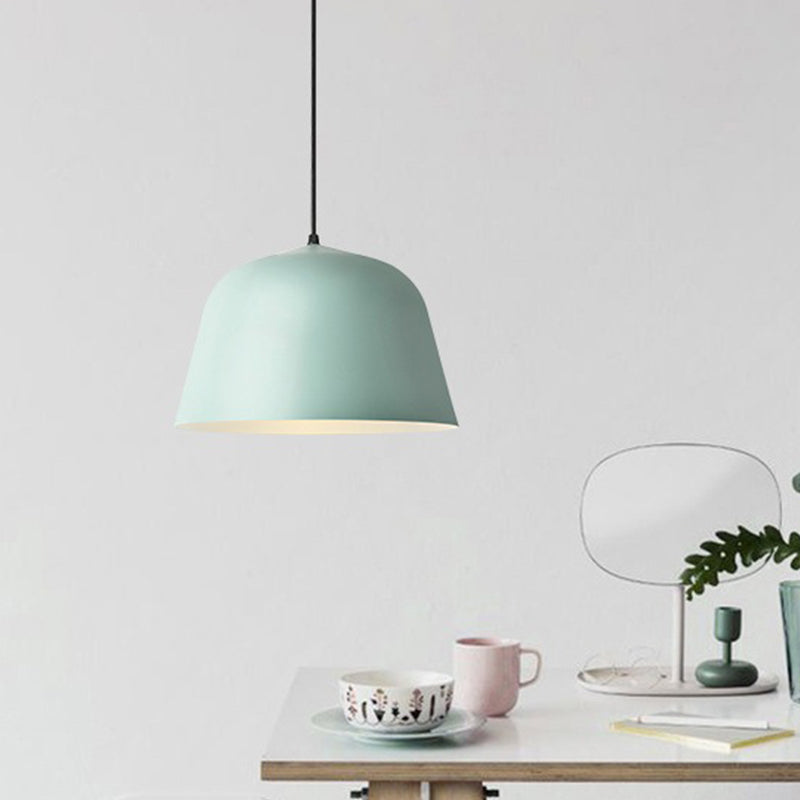 Macaron Single-Bulb Pendant Light with Pink/Grey/Green Bowl Shade, Iron Finish | 10"/12.5" Width