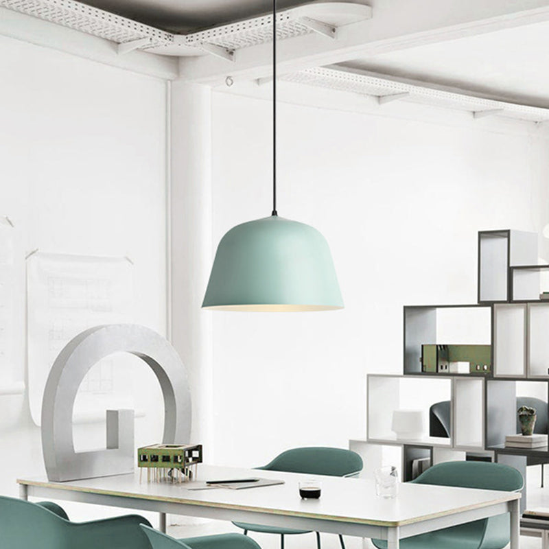 Macaron Single-Bulb Pendant Light with Pink/Grey/Green Bowl Shade, Iron Finish | 10"/12.5" Width