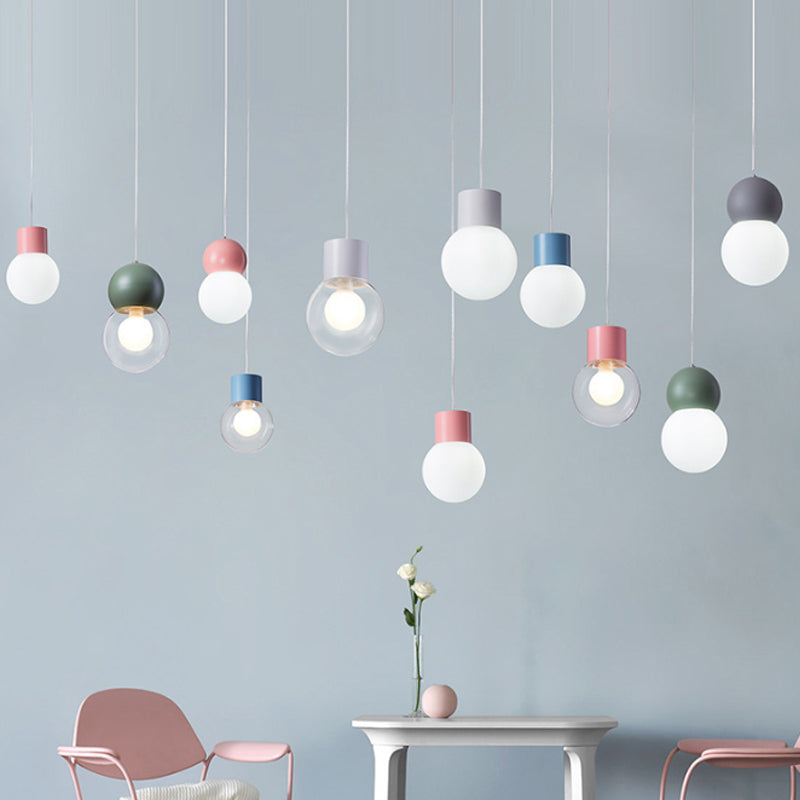 Kids Bedside Pendulum Light - Gourd Shape, Milky Glass, Macaron Ceiling Pendant - Pink/Yellow/Blue