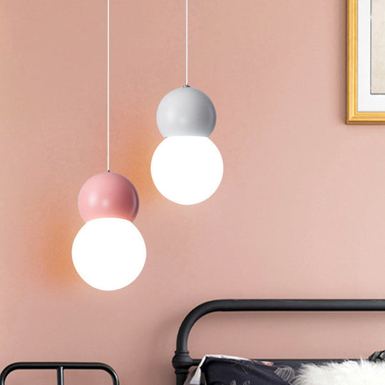 Kids Bedside Pendulum Light - Gourd Shape, Milky Glass, Macaron Ceiling Pendant - Pink/Yellow/Blue