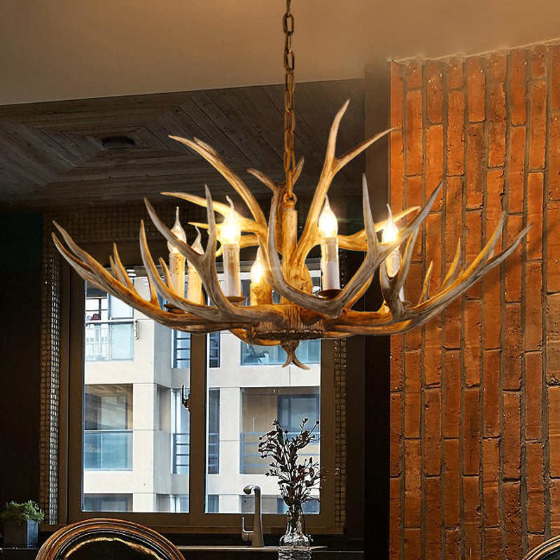 8 Bulbs Resin Pendant Lighting Rural Brown Faux Antler Living Room Chandelier with Candle Design