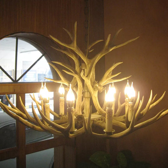 8 Bulbs Resin Pendant Lighting Rural Brown Faux Antler Living Room Chandelier with Candle Design