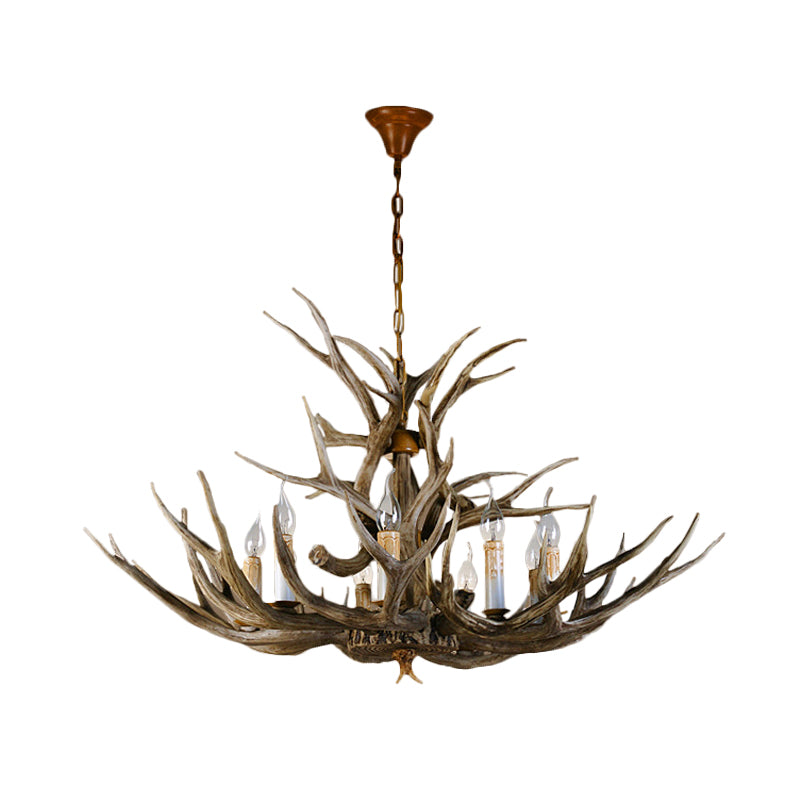 8 Bulbs Resin Pendant Lighting Rural Brown Faux Antler Living Room Chandelier with Candle Design