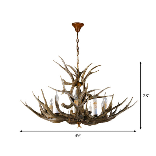 8 Bulbs Resin Pendant Lighting Rural Brown Faux Antler Living Room Chandelier with Candle Design