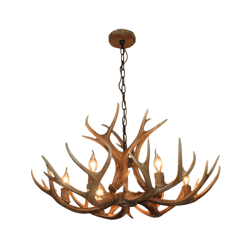 6-Bulb Antler Candelabra Chandelier Farmhouse Brown Resin Ceiling Suspension Lamp for Dining Room