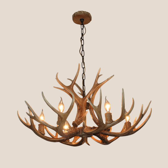 6-Bulb Antler Candelabra Chandelier Farmhouse Brown Resin Ceiling Suspension Lamp for Dining Room