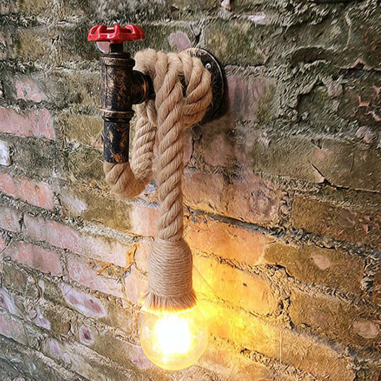 1-Light Industrial Faucet Wall Light Fixture with Hemp Rope for Wine Bar