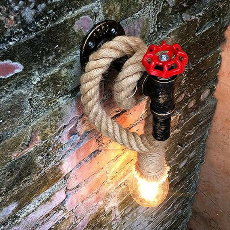 1-Light Industrial Faucet Wall Light Fixture with Hemp Rope for Wine Bar