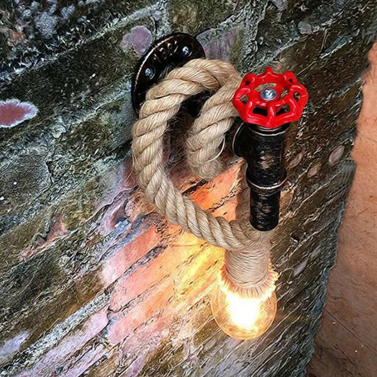 1-Light Industrial Faucet Wall Light Fixture with Hemp Rope for Wine Bar