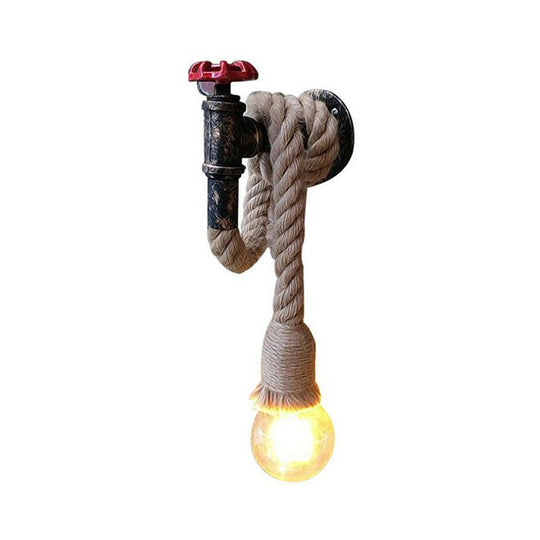 1-Light Industrial Faucet Wall Light Fixture with Hemp Rope for Wine Bar