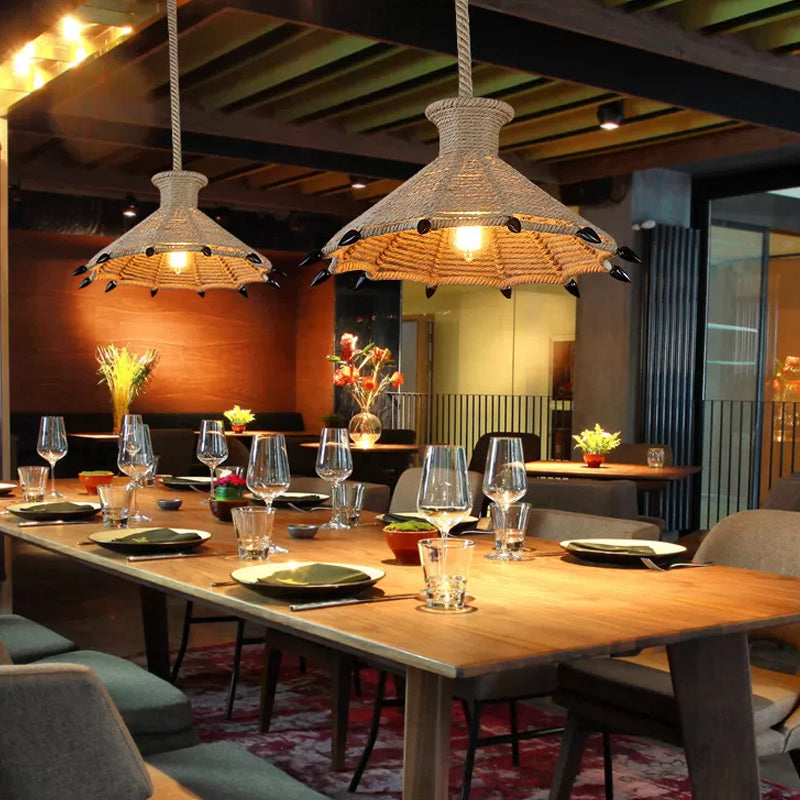 Rustic Flared Pendant Lamp with Natural Rope Suspension - Single-Bulb Light Fixture in Black/Brown