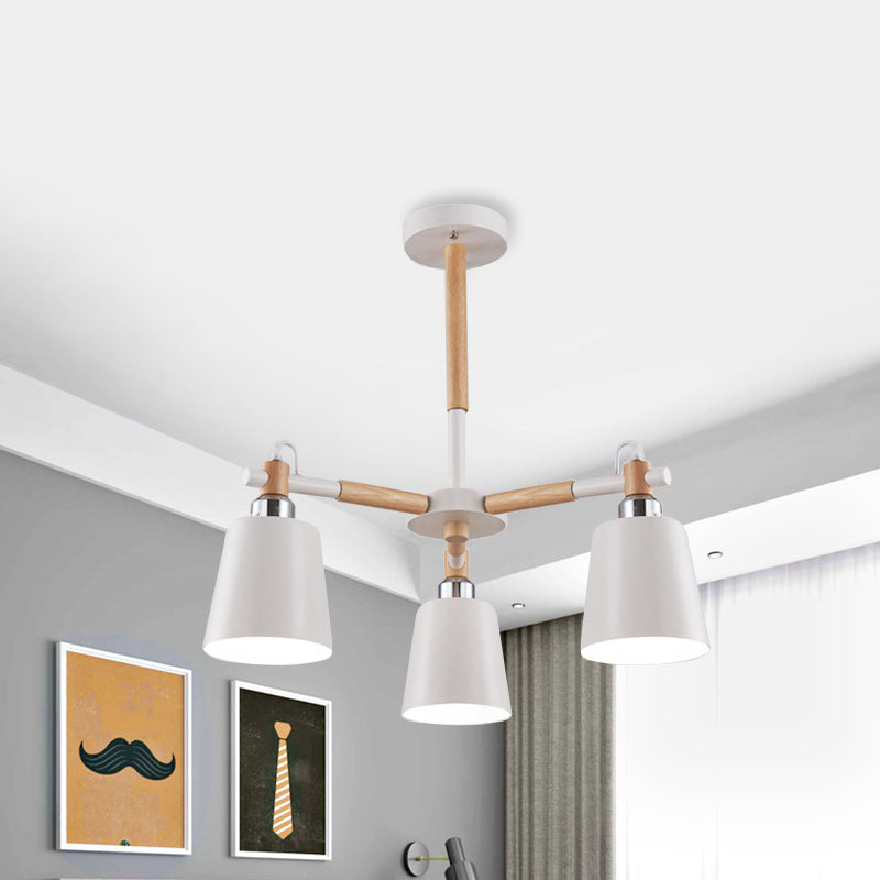 3-Bulb Nordic Hanging Chandelier - Bedroom Tapered Shade - Iron and Wood Ceiling Lamp