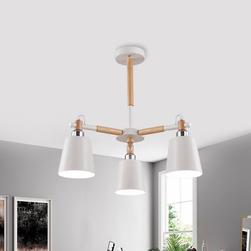 3-Bulb Nordic Hanging Chandelier - Bedroom Tapered Shade - Iron and Wood Ceiling Lamp