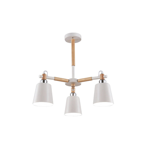 3-Bulb Nordic Hanging Chandelier - Bedroom Tapered Shade - Iron and Wood Ceiling Lamp