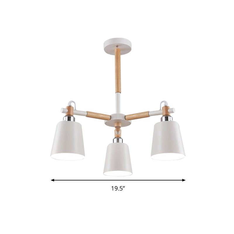 3-Bulb Nordic Hanging Chandelier - Bedroom Tapered Shade - Iron and Wood Ceiling Lamp