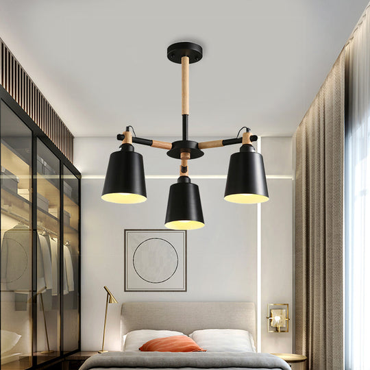 3-Bulb Nordic Hanging Chandelier - Bedroom Tapered Shade - Iron and Wood Ceiling Lamp