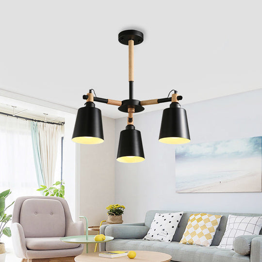 3-Bulb Nordic Hanging Chandelier - Bedroom Tapered Shade - Iron and Wood Ceiling Lamp