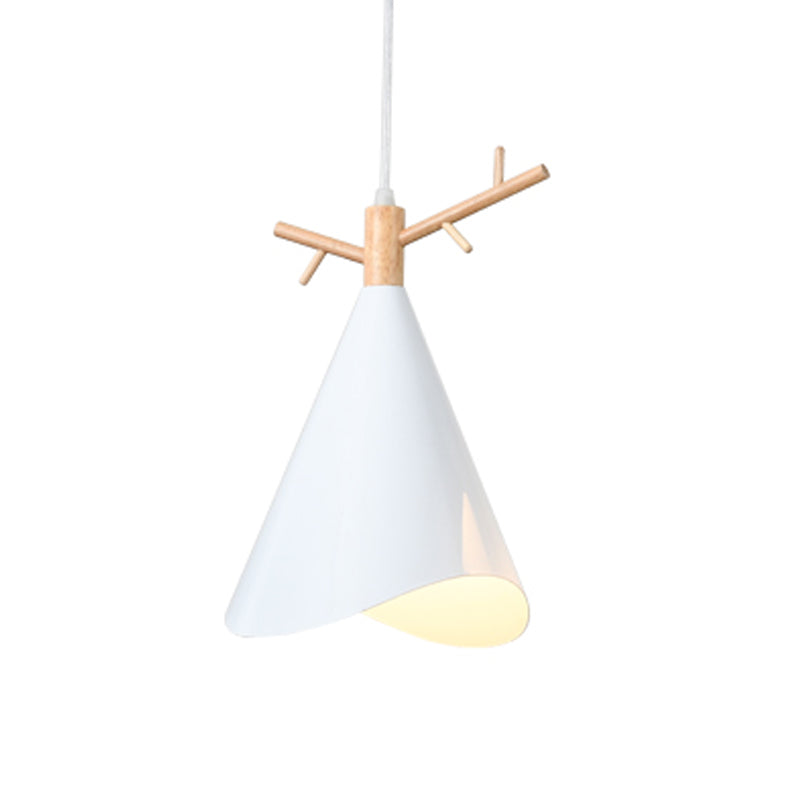 Iron Waveform-Edge Conic Ceiling Light - Nordic 1 Head Pendant (Green/Grey/White) with Wood Antler Top