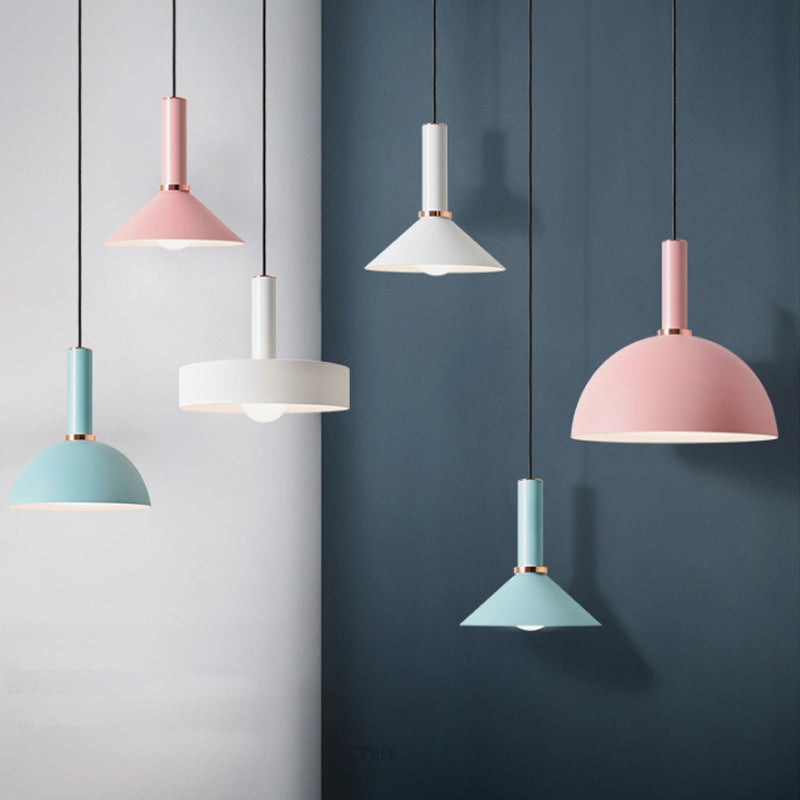 1-Light Pink/Blue Pendant Light with Aluminum Dome/Cone Drop Design, Perfect for Restaurants