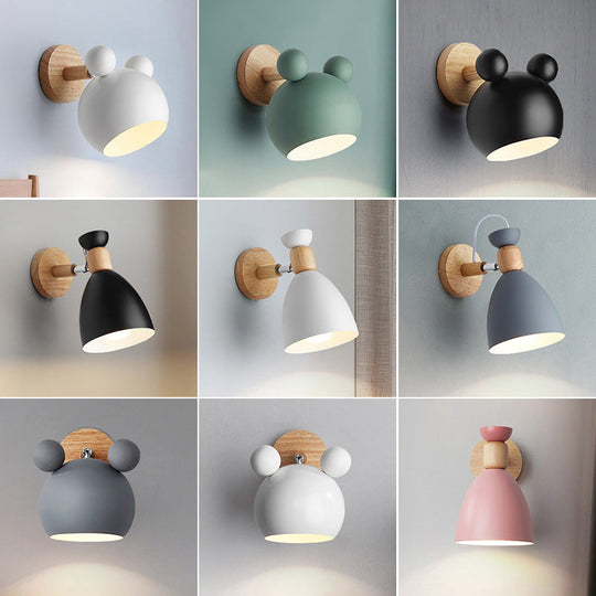 Rotating Wall Mounted Lamp: Bear/Bell Macaron Iron 1-Head Bedside Reading Wall Light in White/Pink/Green & Wood