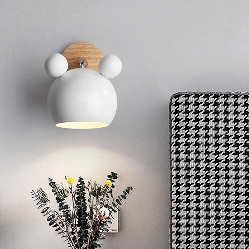 Rotating Wall Mounted Lamp: Bear/Bell Macaron Iron 1-Head Bedside Reading Wall Light in White/Pink/Green & Wood