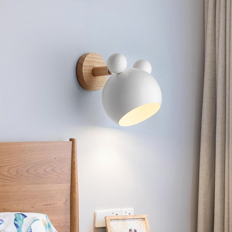 Rotating Wall Mounted Lamp: Bear/Bell Macaron Iron 1-Head Bedside Reading Wall Light in White/Pink/Green & Wood